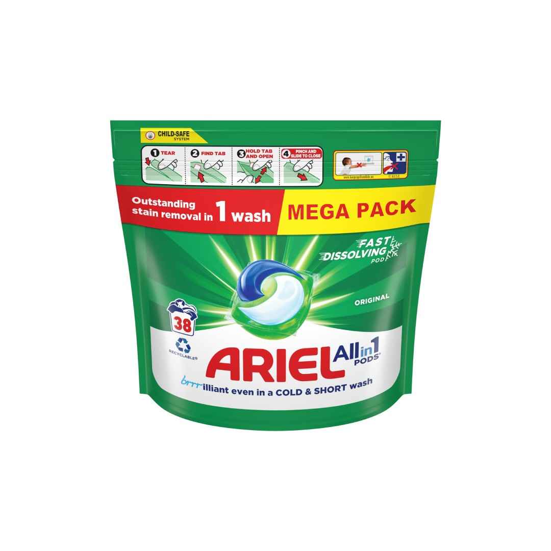 Ariel All-in-1 Pods Original – 38 Washes | Laundry Detergent Capsules | Outstanding Stain Removal in 1 Wash | Fast Dissolving, Cold & Short Wash Effective