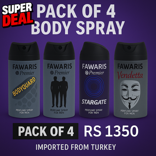 Fawaris Premier Body Spray 4-Pack for Men – Bodyguard, Legend, Stargate & Vendetta | 150ml Each | Long-Lasting Fragrance Bundle