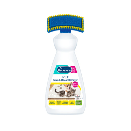 Dr. Beckmann Pet Stain & Odour Remover 650ml – Fast-Acting Carpet Cleaner with 2-in-1 Brush for Pet Messes