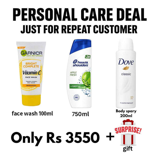 Personal Care Deal for Repeat Customers – Garnier Face Wash 100ml + Head & Shoulders Shampoo 750ml + Dove Body Spray 20ml + Surprise Gift – Only Rs. 3550