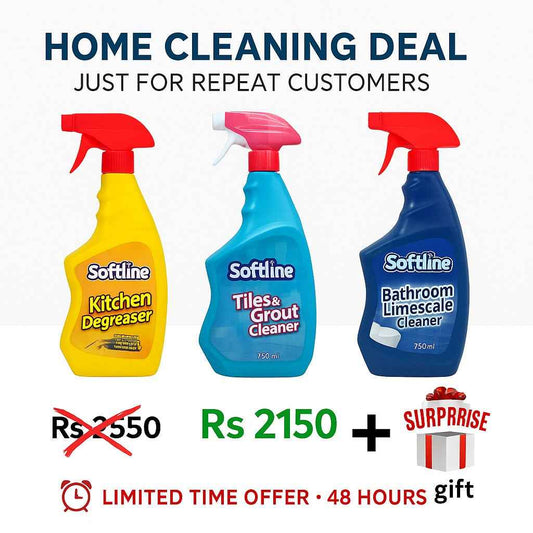 Softline Home Cleaning Trio Bundle – Kitchen, Tiles & Bathroom Cleaners (750ml x 3) + Surprise Gift